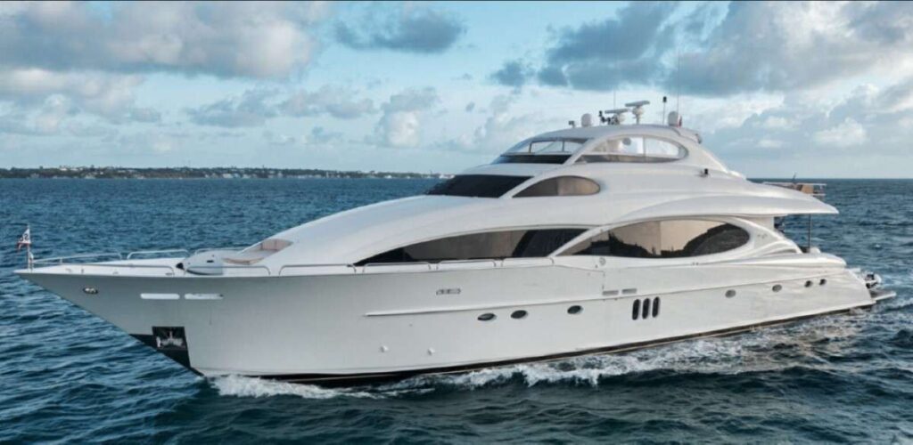 Panoramic view of 9172 luxury yacht in scenic bay.