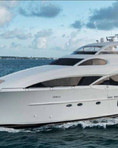 Panoramic view of 9172 luxury yacht in scenic bay.